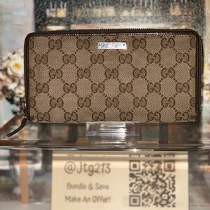 Gucci GG Monogram Canvas Zip Around Wallet Brown Leather Trim Y2K